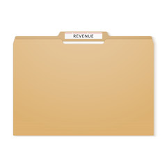 Revenue report binder. Manila folder papers archive.