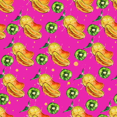 Seamless pattern with mango fruit and kiwi fruit on a pink background. Watercolor illustration. 