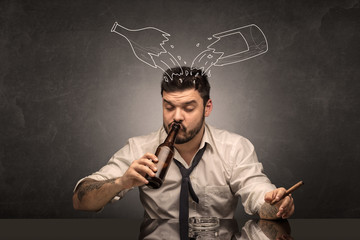 Drunk down and out man with doodle alcohol bottles concept
