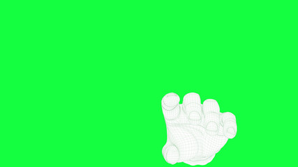 digital hand in wireframe isolated and artificially created by a software. hand-drawn pattern in computer graphics that is directed towards a point with the index finger. Green screen background