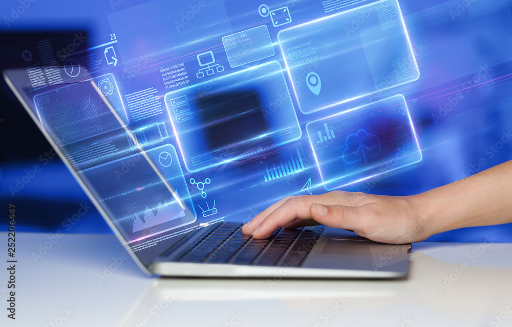 Poster hand using laptop with database reports and online work concept