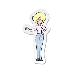 retro distressed sticker of a cartoon woman waving