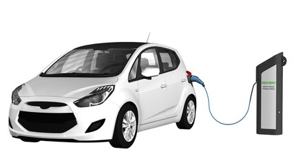 Electric cars charging on charge station – electro mobility environment friendly - isolated in white - 3d render