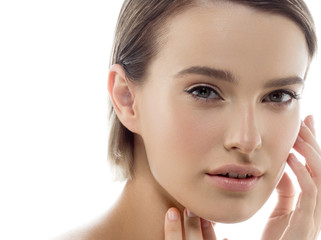 Obraz premium Beauty Woman face Portrait. Beautiful model Girl with Perfect Fresh Clean Skin color lips purple red. Blonde brunette short hair Youth and Skin Care Concept. Isolated on a white background