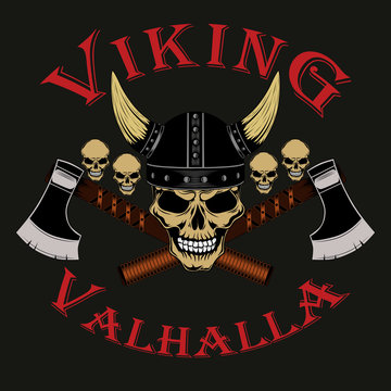 Viking skull in helmet with axes and small skulls. Color vector image on a gray background.