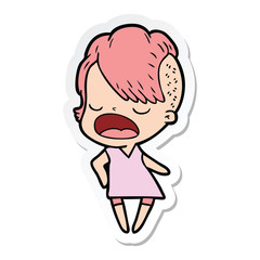 sticker of a cartoon cool hipster girl talking