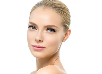 Fototapeta premium Blonde beauty young happy woman with healthy skin and beautiful hairstyle female girl model portrait isolated on white