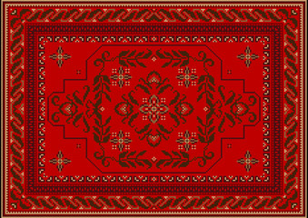 Vintage luxury carpet in red and dark brown shades with a central dark brown ornament of curved branches with leaves