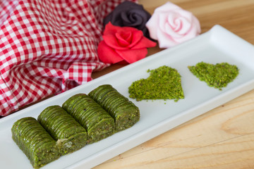 walnut, pistachio turkish style Antep Baklava presentation and service concept