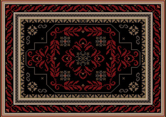  Vintage luxury carpet with a central burgundy ornament of curved branches with leaves on a black field and beige and gray borders