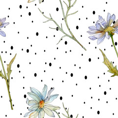 Daisy floral botanical flower. Watercolor illustration set. Seamless background pattern. Fabric wallpaper print texture.
