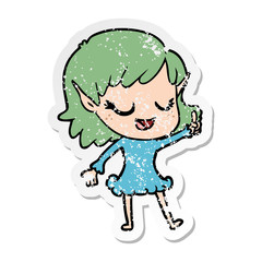 distressed sticker of a happy cartoon elf girl