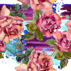 Maroon pink rose floral botanical flower. Watercolor background illustration set. Seamless background pattern.
