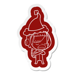 cartoon  sticker of a astronaut woman explaining wearing santa hat