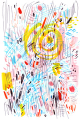 abstract multicolored background drawn by markers and pens. Sketch made with scribbles, marker, canyon strokes.
