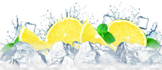 lemon water splash and ice cubes isolated on the white