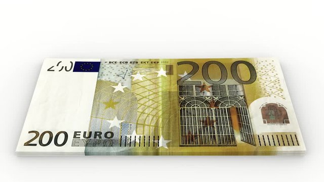 Animazione illustrazione 3D. Crescita pila di banconote da  duecento euro su sfondo bianco.
