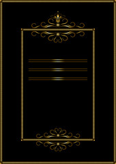 Double gold rectangular frame of strokes, with a pattern of gold calligraphic curves and curls with crown and cross on a black background