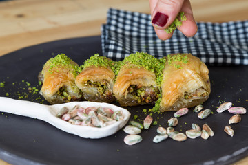 walnut, pistachio turkish style Antep Baklava presentation and service concept