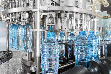 Modern automated mineral water bottling line at the plant.