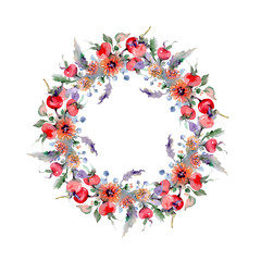 Bouquet with flowers and fruits. Watercolor background illustration set. Frame border ornament square.