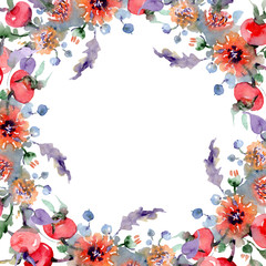 Bouquet with flowers and fruits. Watercolor background illustration set. Frame border ornament square.