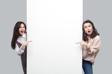 Portrait of surprised beautiful brunette young women in casual style standing, pointing at empty...