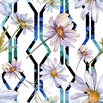 Daisy floral botanical flower. Watercolor illustration set. Seamless background pattern. Fabric wallpaper print texture.