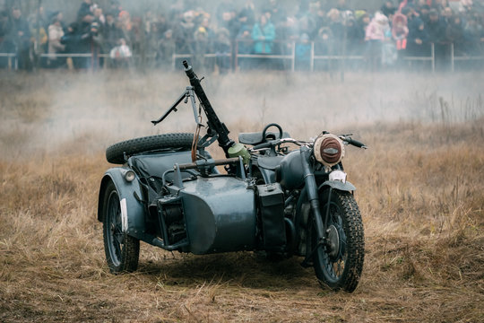Trophy military motorcycle with machine gun MG42 troops Wehrmacht thrown on the battlefield