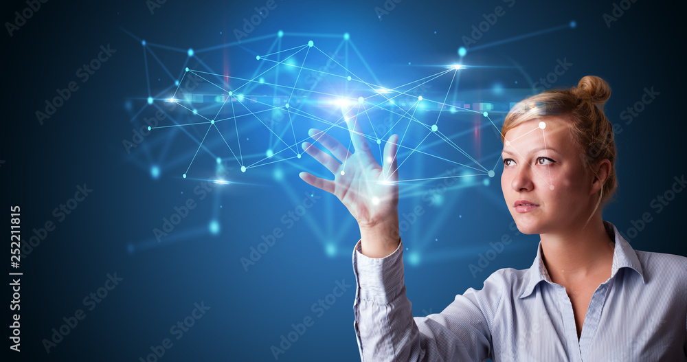 Poster woman touching hologram screen displaying modern web system