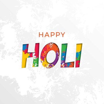 Happy Holi Festival Banner Template Design. Paper Cut Realistic 3d Text On Colorful Paint Splashes. Vector Holiday Illustration Easy To Edit And Customize. Eps 10