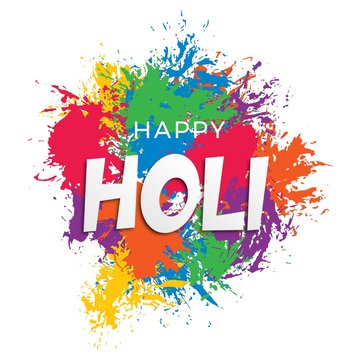 Happy Holi Festival Banner Template Design. Paper Cut Realistic 3d Text On Colorful Paint Splashes. Vector Holiday Illustration Easy To Edit And Customize. Eps 10