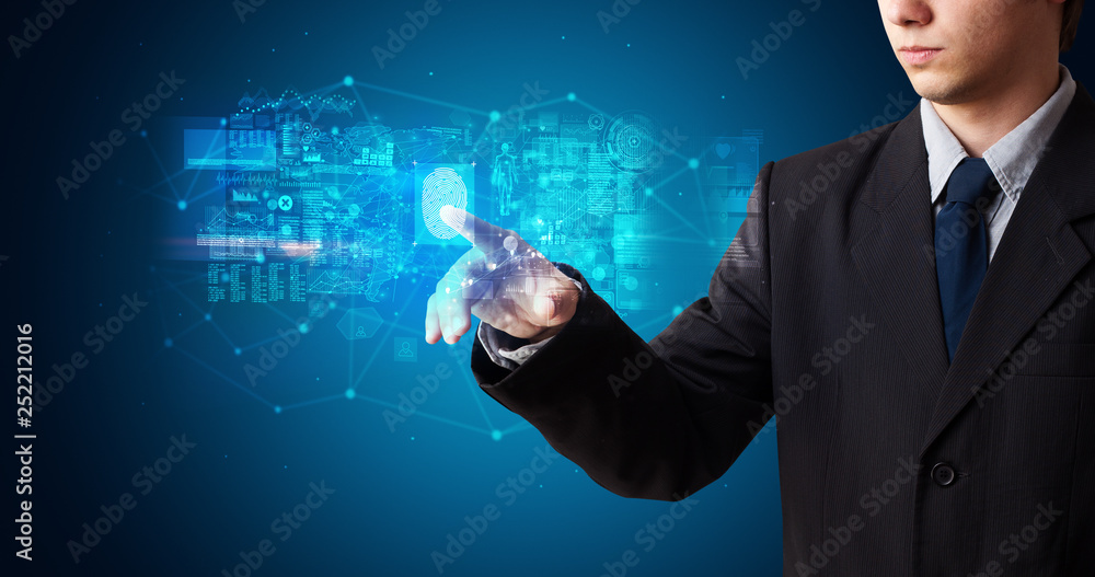Poster Man accessing modern hologram personal database with fingerprint identification
