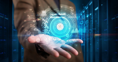 Man holding hologram projection displaying biometric security concept
