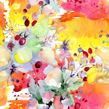 Bouquet with flowers and fruits. Watercolor background illustration set. Seamless background pattern.
