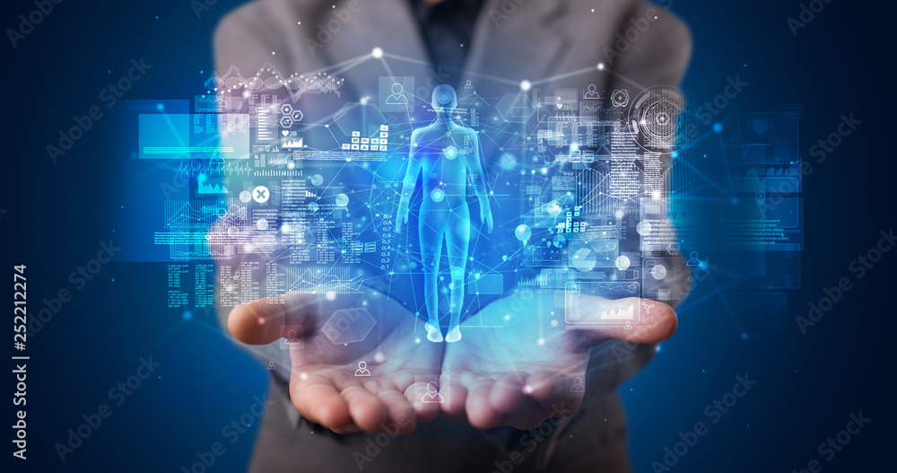 Poster young person holding hologram projection displaying health related graphs and symbols