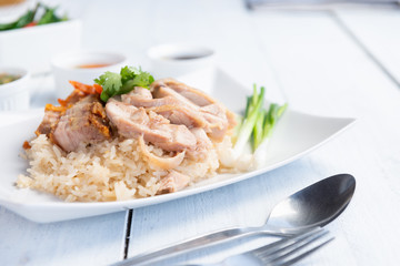 Hainanese chicken rice , gourmet steamed chicken with rice