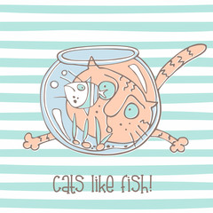 Cute cat with aquarium and fish. Vector illustration. © Olga