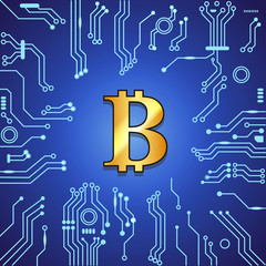Golden bitcoin currency on blue digital futuristic background. Blockchain technology concept vector illustration