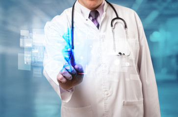 Doctor touching virtual screen with biology and genetic concept