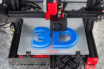 Red black 3D printer printing blue logo symbol on metal diamond plate future technology modern...