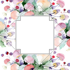 Bouquet with flowers and fruits. Watercolor background illustration set. Frame border ornament square.