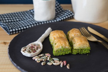 walnut, pistachio turkish style Antep Baklava presentation and service concept