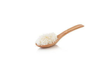 Rice on spoon wood on isolated white background