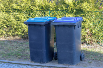 Two garbage cans or trash cans on the road in front of a green hedge