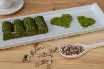 walnut, pistachio turkish style Antep Baklava presentation and service concept