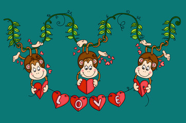 Fototapeta premium Happy three monkeys holding a heart shaped banner