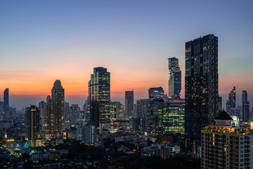 Fototapeta na wymiar Bangkok City - Aerial view beautiful sunset Bangkok city tower downtown skyline of Thailand , cityscape at night , landscape Bangkok Thailand
