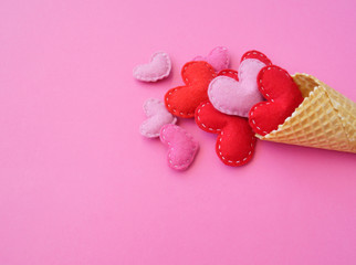 Felt heart in a waffle cup.Heart red ice cream cup waffle.