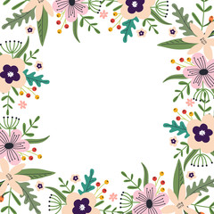 Fototapeta na wymiar Floral hand drawn elements, frame. Spring abstract flowers and leaves.Spring print for posters and greeting cards.